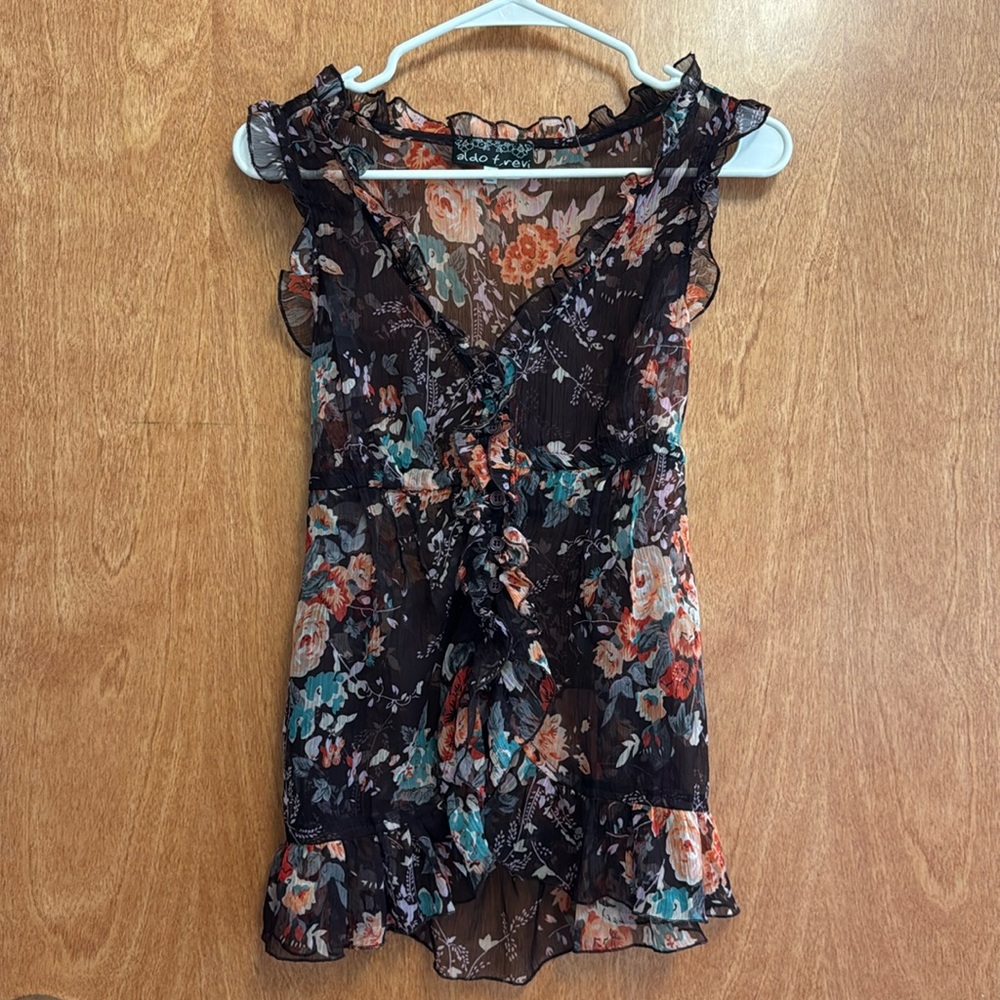Aldo Trevi Frilly Ruffle Sheer Top Button up Floral Blouse Medium